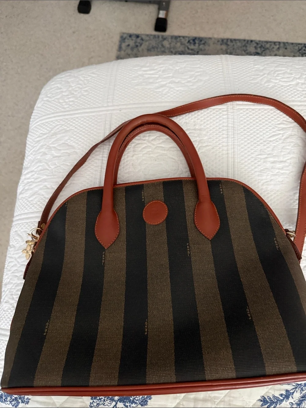 Fendi Women’s Striped Dome Satchel in Brown and Black with Tan Handles